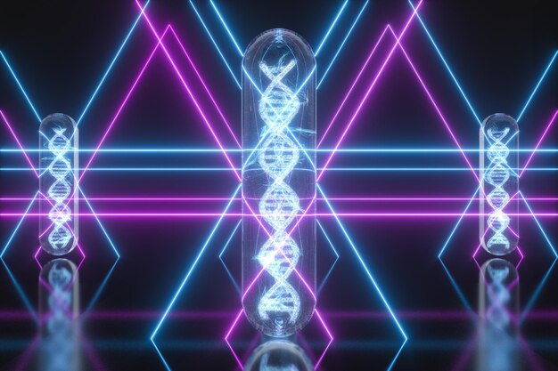 Foto reagenzglas und chromosomen dna und genes3d-rendering