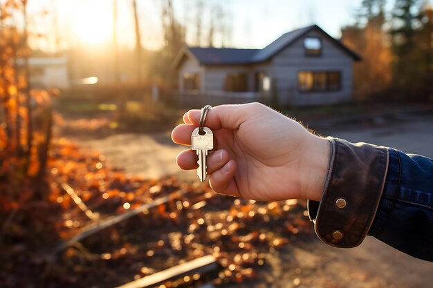 Foto real estate agent holding house model with key on blurred background real estate concept