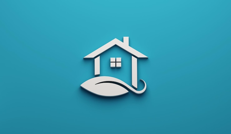 Foto real estate house logotipo ecológico en color azul y fondo blanco 3d render ilustración