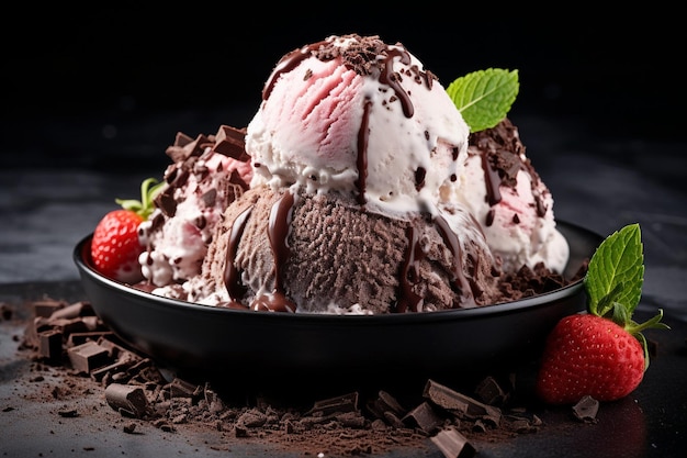 Real helado artesanal italiano en caja de embalaje chocolate fresas vainilla con bayas y un