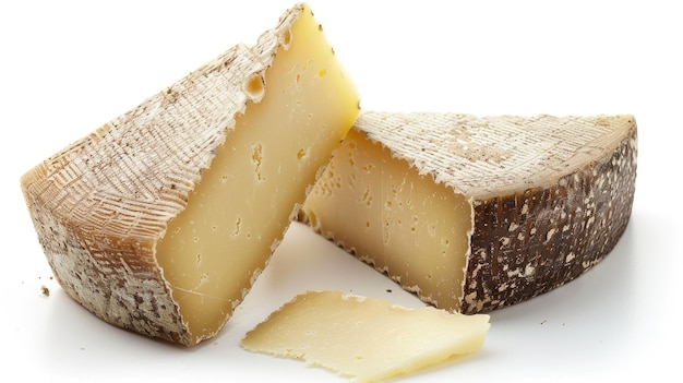 Foto real manchego queso cuña en fondo blanco aislado delicioso producto lácteo hecho de vacas