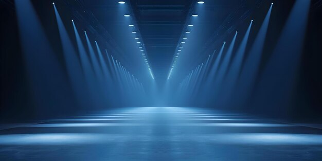 La realidad mixta y la moda virtual Los reflectores azules brillan en la pista vacía El concepto de la moda virtual