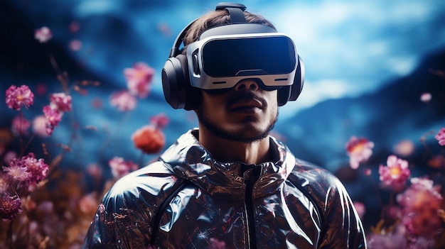 La realidad redefinió al hombre envuelto en un reino surrealista mientras usa un visor de realidad virtual expandiendo horizontes IA generativa