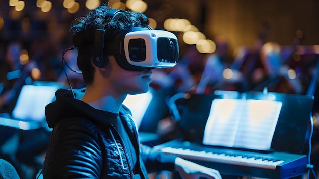 Foto realidad virtual y música un tipo con auriculares de realidad virtual durante una actuación de piano en vivo