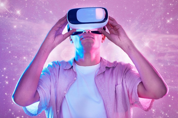 Foto realidade virtual futurista e homem no espaço do universo no fone de ouvido de tecnologia 3d vr metaverse neon rosa e macho explorando uma futura galáxia cibernética aeroespacial ou jogos de estrelas e simulação de ai online