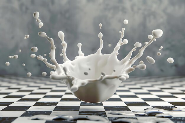 Foto realisitc 3d salpicaduras de leche blanca volando diseño de fondo a cuadros gris