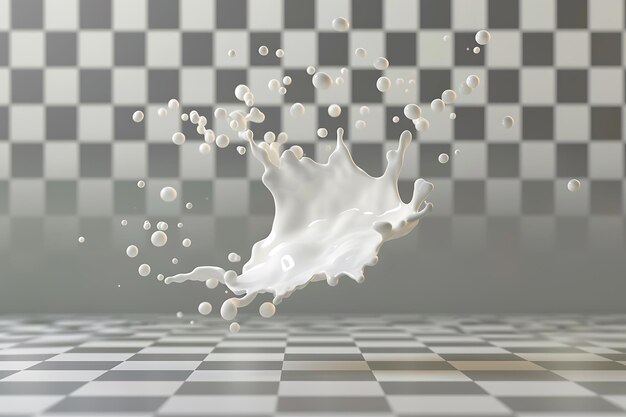 Foto realisitc 3d salpicaduras de leche blanca volando diseño de fondo a cuadros gris