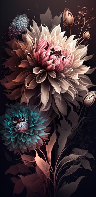 Realismo artístico de um padrão florido em tons naturais, incluindo uma linda flor