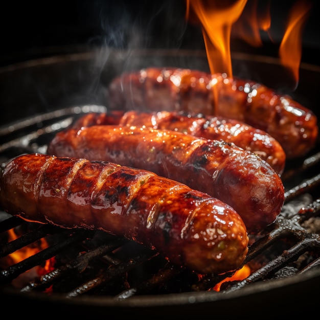 Realismo de comida de restaurante de salchichas a la parrilla en el fondo negro