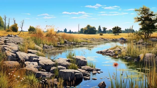 Realismo de dibujos animados Una representación hiperrealista de un humedal en la orilla del lago Rocky