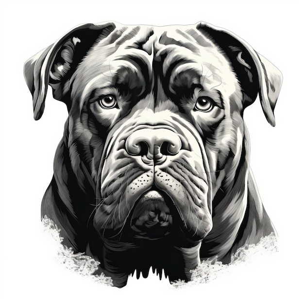 Realismo duro Ilustración de la cabeza de un perro Pit Bull Arte de plantilla en blanco y negro oscuro