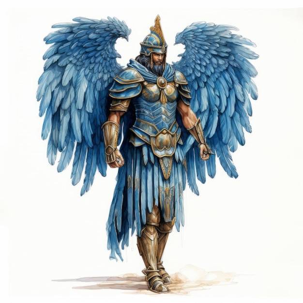 Realismo de un guerrero cartaginés con una armadura azul con plumas