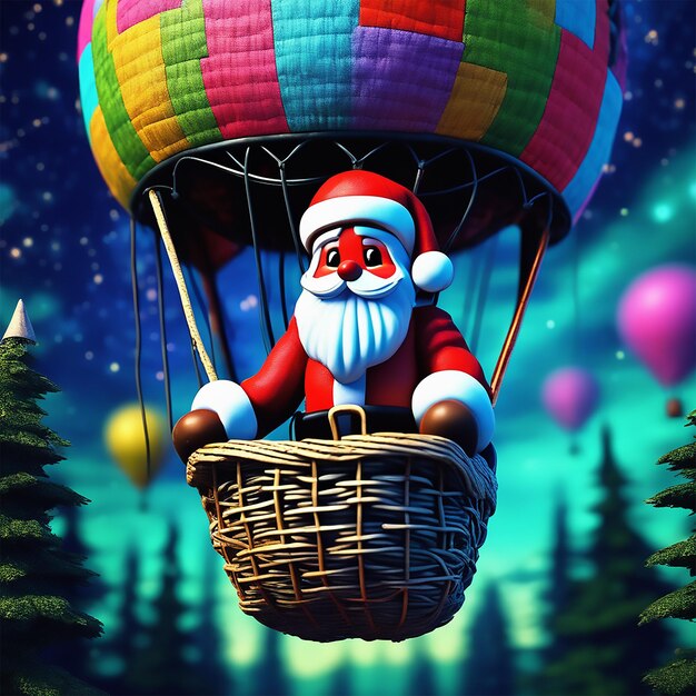Realismo mágico Cyber Punk Lindo Papá Noel sentado en una canasta de un globo aerostático