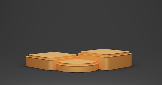 Realista 3D negro amarillo y dorado redondo esquina cubo pedestal o soporte podio estudio abstracto 3D