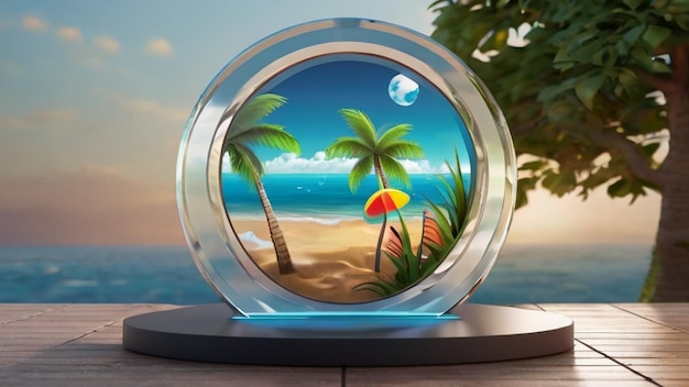 Realista 3D renderização círculo de vidro na 3D Ilustração redonda fundo de verão chão de verão