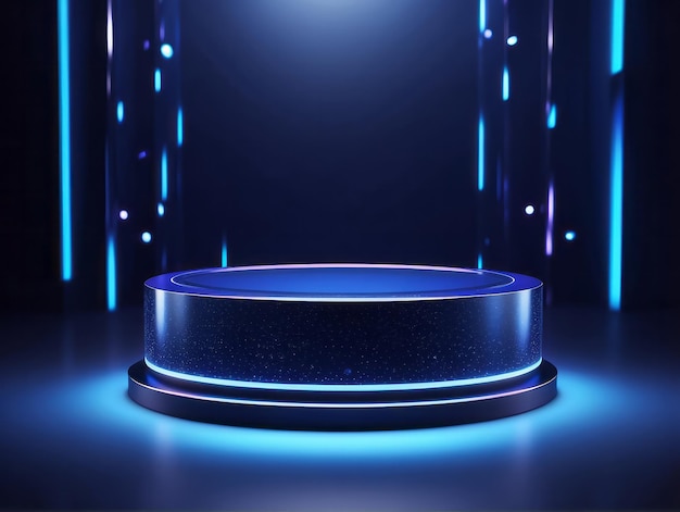 Realista azul oscuro 3D cilindro pedestal podio sala abstracta Scifi con neón