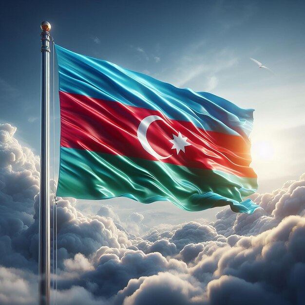 Realista bandera de Azerbaiyán en el asta de la bandera ondeando en el viento contra nubes blancas
