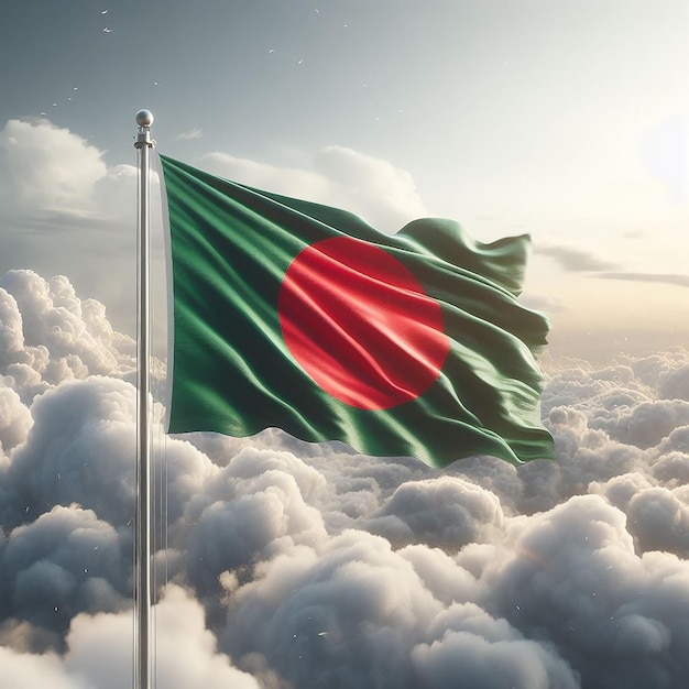 Realista bandera de Bangladesh en el poste de la bandera ondeando en el viento contra las nubes blancas