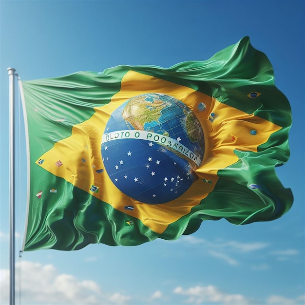 Realista bandera de Brasil ondeando en el cielo