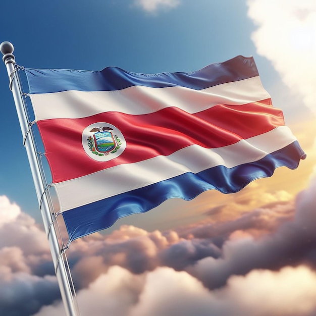 Realista bandera de Costa Rica en el asta de la bandera ondeando en el viento contra nubes blancas