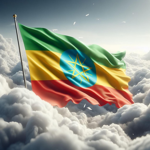 Realista bandera de Etiopía en el asta de la bandera ondeando en el viento contra nubes blancas
