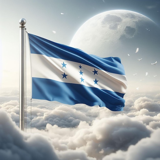 Foto realista bandera de honduras en el asta de la bandera ondeando en el viento contra nubes blancas