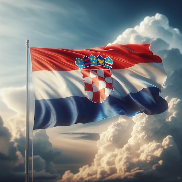 Realista Croacia Bandera en el asta de la bandera ondeando en el viento contra nubes blancas