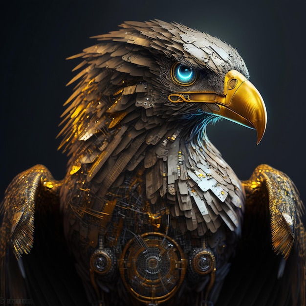 Realista Cyborg Eagle com placas de metal