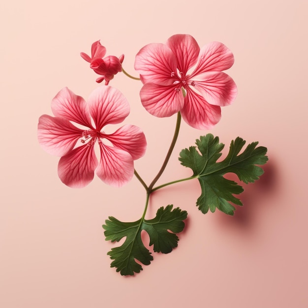 Foto realista flor de geranio sobre un fondo de color rosa claro