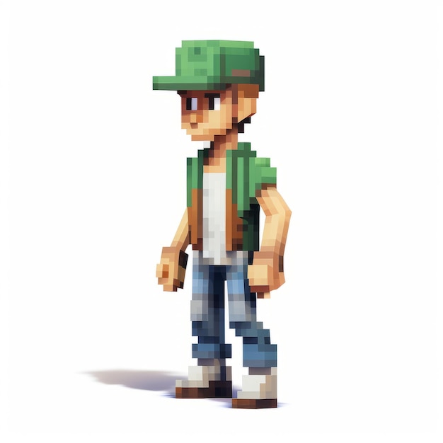 Foto realista hiper-detallado pixel de arte de grayson con gorra verde y pantalones