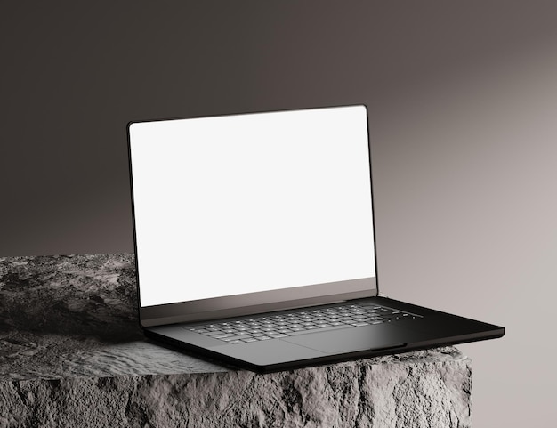 Realista Laptop Mockup pantalla blanca en blanco con luz realista y sombra representación 3D de escena oscura