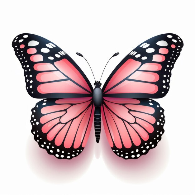 Realista mariposa rosa y negra sobre un fondo blanco