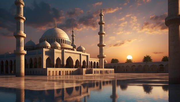 Foto realista mezquita islámica hora de la noche una mezquita con un reflejo del sol en el agua realista