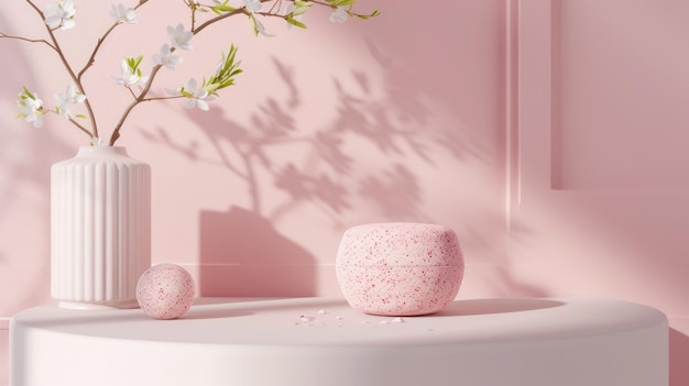 Realista pedestal de cilindro 3D con fondo de podio rosado