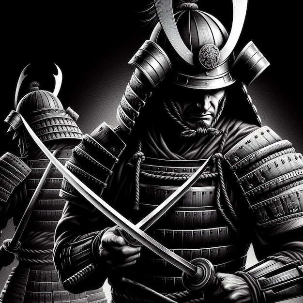 Foto realista samurái ilustrado de fondo ilustración de samurái en blanco y negro