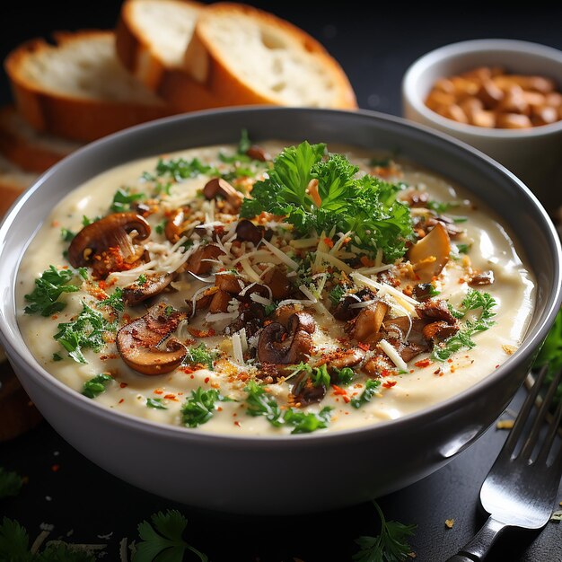 Realista sopa de cogumelos de close-up delicioso em foto de comida