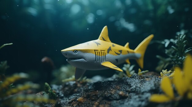 Foto realista tiburón de juguete amarillo en el océano figura muy detallada