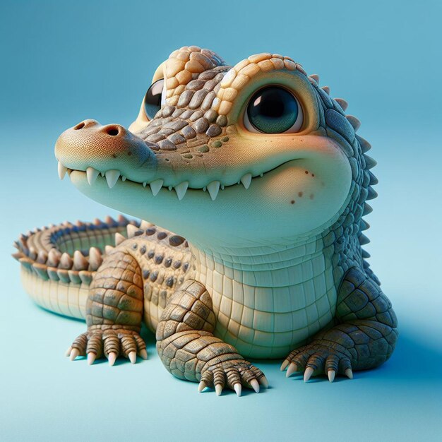 Realista todo el cuerpo de lindo cocodrilo 3d animal en vista delantera con fondo azul