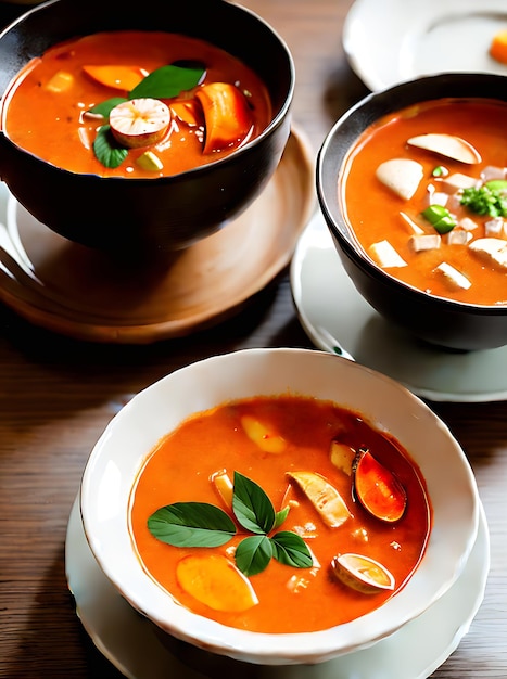 Realista tom yam sopa colores neutros iluminación cálida muy detallado ambiente acogedor restaurante vacío extremo tiro largo IA generativa generada