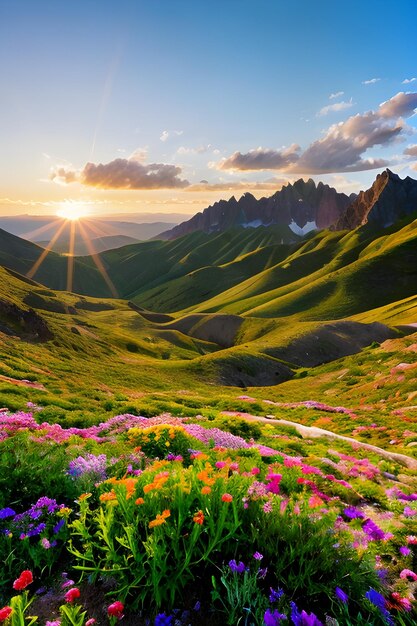 Realista valle de montaña iluminado por el sol con flores silvestres colores vibrantes y iluminación dinámica