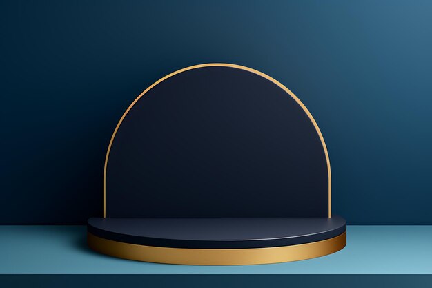 Foto realistico expositor de fundo azul com pódio com arco em estilo minimalista dourado