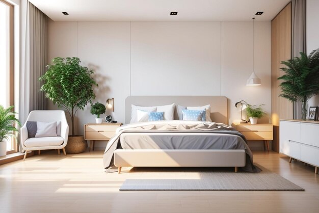 Foto realistico quarto duplo moderno com móveis e uma moldura