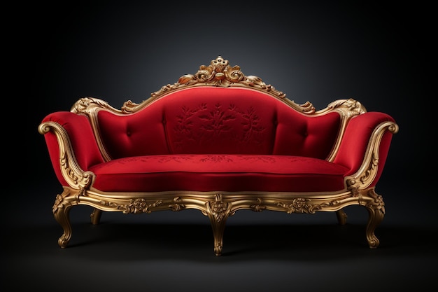 Realistisch luxuriöses rotes Samtsofa mit goldenen geschnitzten Beinen auf schwarzem Hintergrund