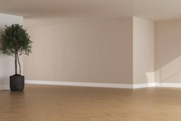 Realistische 3D-Darstellung von schönem Sonnenlicht im Raum und Fensterrahmenschatten auf beiger leerer Wand Weiße Fußleiste in einem leeren Raum Neuer Holzparkettboden Hintergrund Innenraum Seitenansicht