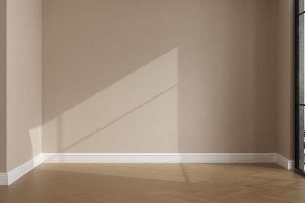 Realistische 3D-Darstellung von schönem Sonnenlicht im Raum und Fensterrahmenschatten auf beiger leerer Wand Weiße Fußleiste in einem leeren Raum Neuer Parkettboden aus Holz Hintergrund Innenraum Vorderansicht