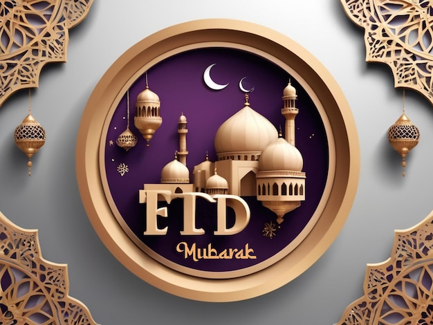 Realistische 3D-Eid Mubarak Royal Elegant Lamp mit Moschee Holy Gate mit Feuerwerk