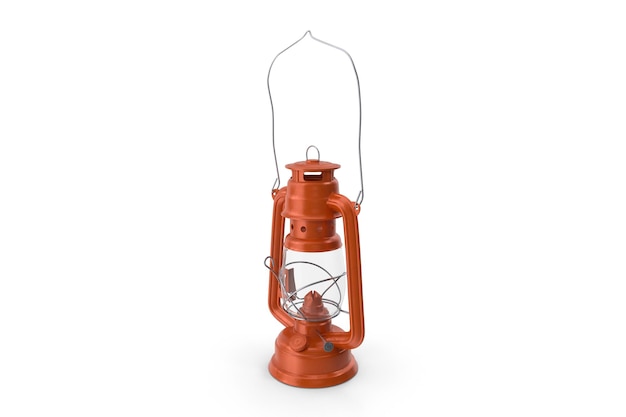 Realistische 3D-Orange-Öllampe, die in einem alten Stil entworfen wurde und auf einer weißen Oberfläche platziert wurde