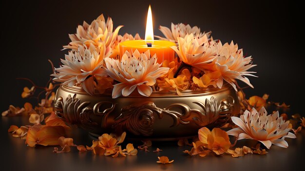 Realistische 3D-Vektor-Komposition von Diwali-Öllampe und Marigoldblumen