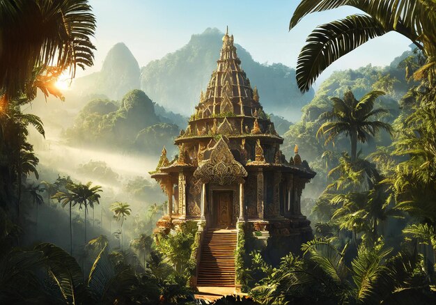 realistische Abbildung eines Tempels mitten im tropischen Dschungel