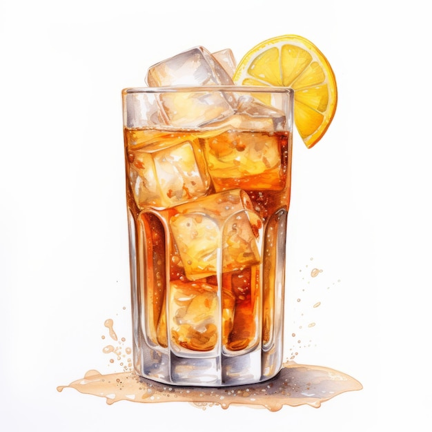 Realistische Aquarellillustration eines Biercocktails mit kaltem Tee und Eiswürfeln